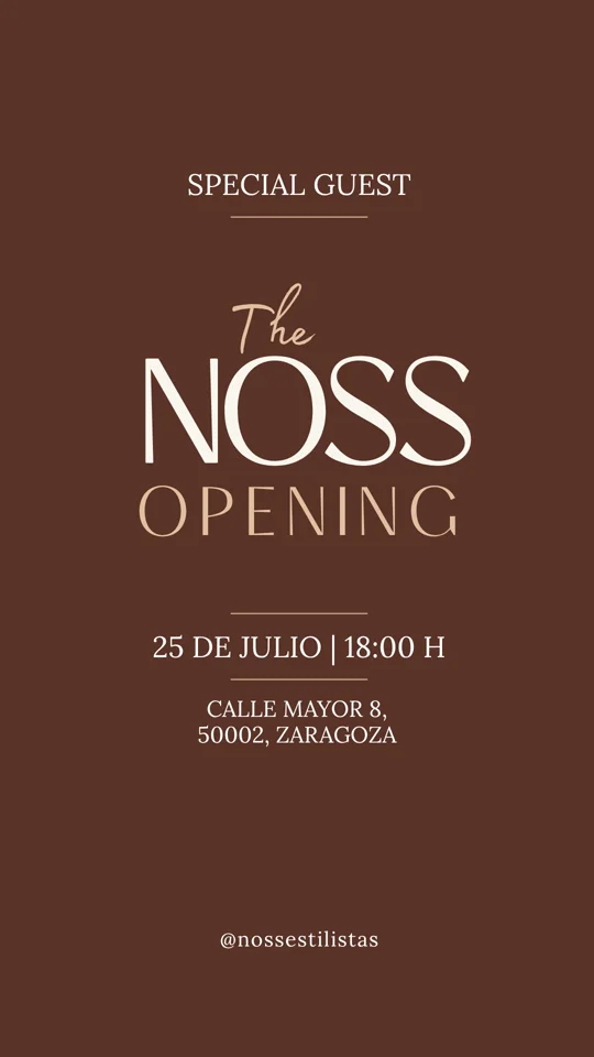 Invitación a The NOSS Opening en formato historia de Instagram, en chocolate y crema